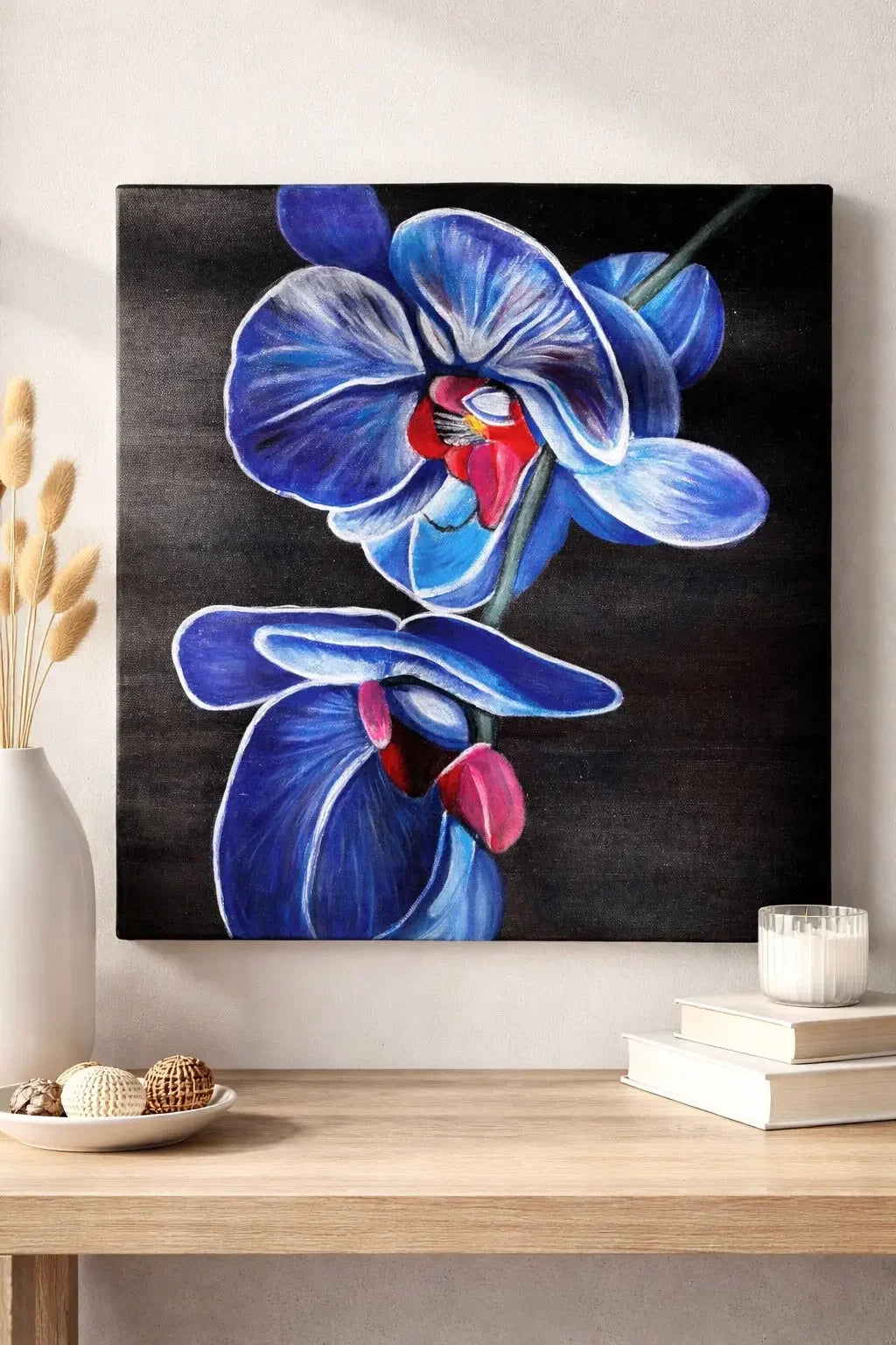 mysilence art acrylic art piece featuring blue orchid flowers on a black background