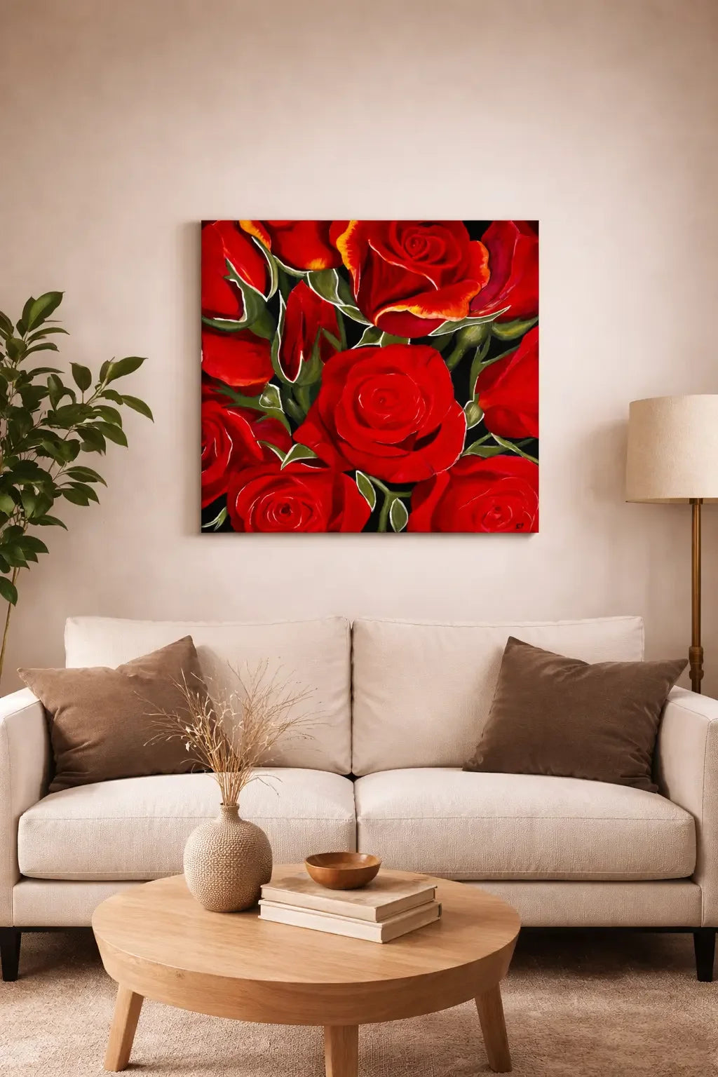 mysilence art acrylic art piece with red roses on canvas hanging above a beige sofa in modern living room
