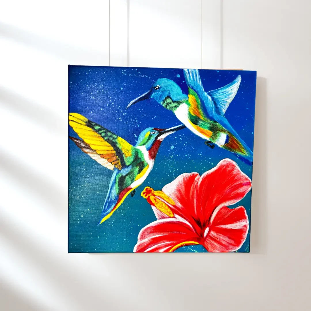 mysilence art acrylic art piece with two colorful hummingbirds and red flower on blue background