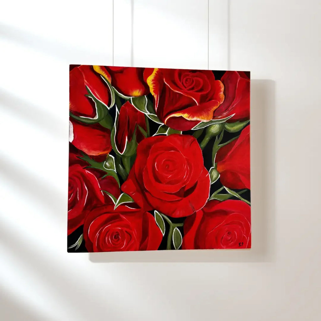 mysilence art acrylic art piece featuring vibrant red roses on a minimalist wall