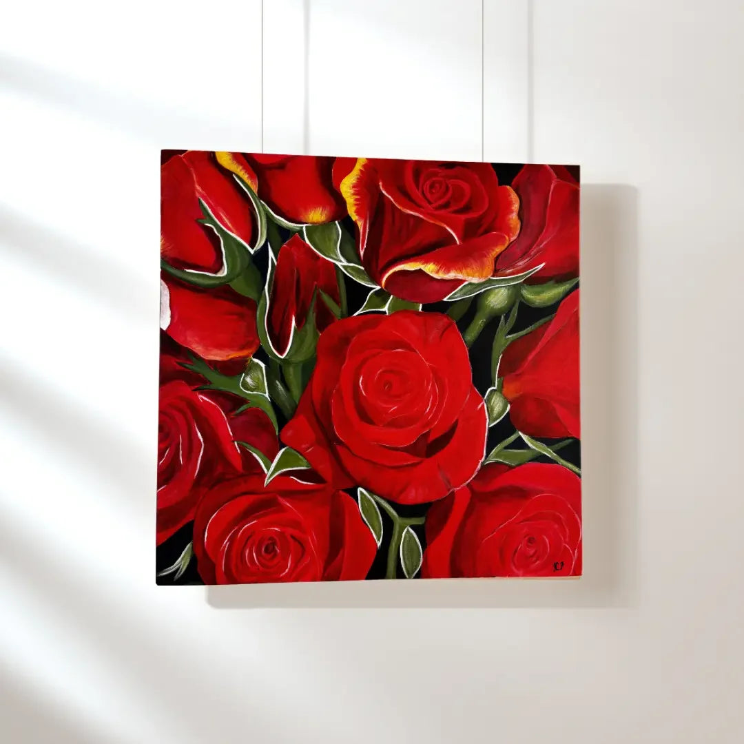 mysilence art acrylic art piece featuring vibrant red roses on a minimalist wall
