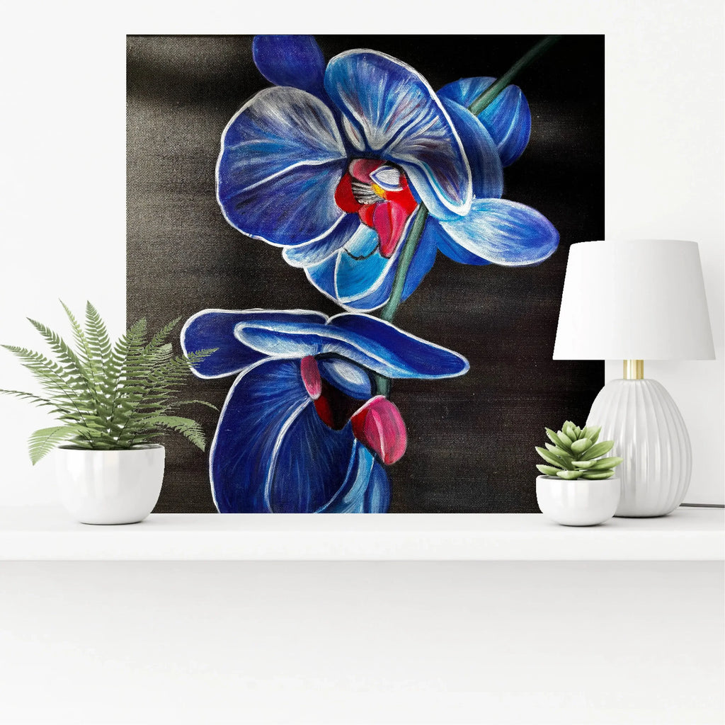 Handmade acrylic painting of blue orchid flower, mysilence art acrylic art piece on shelf