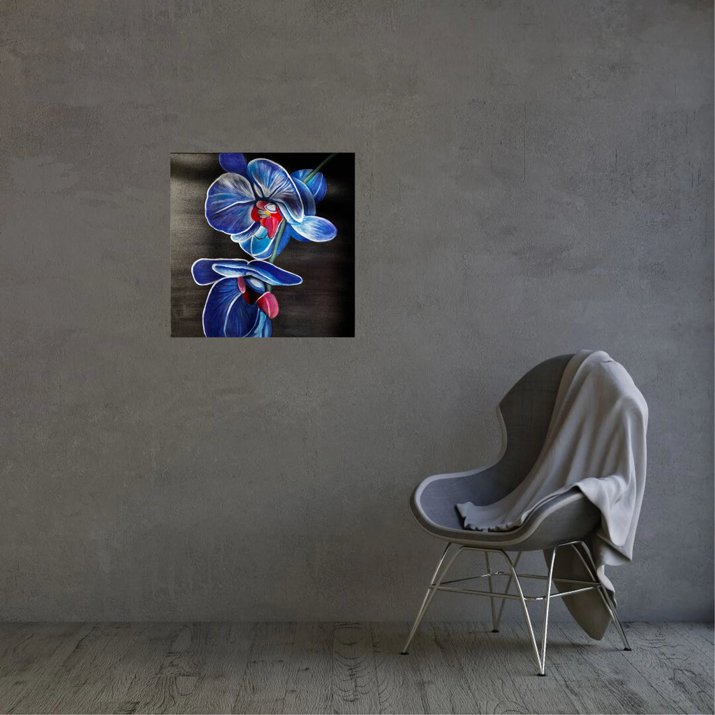 Blue orchid acrylic art piece on gray wall, modern interior, mysilence art acrylic art piece