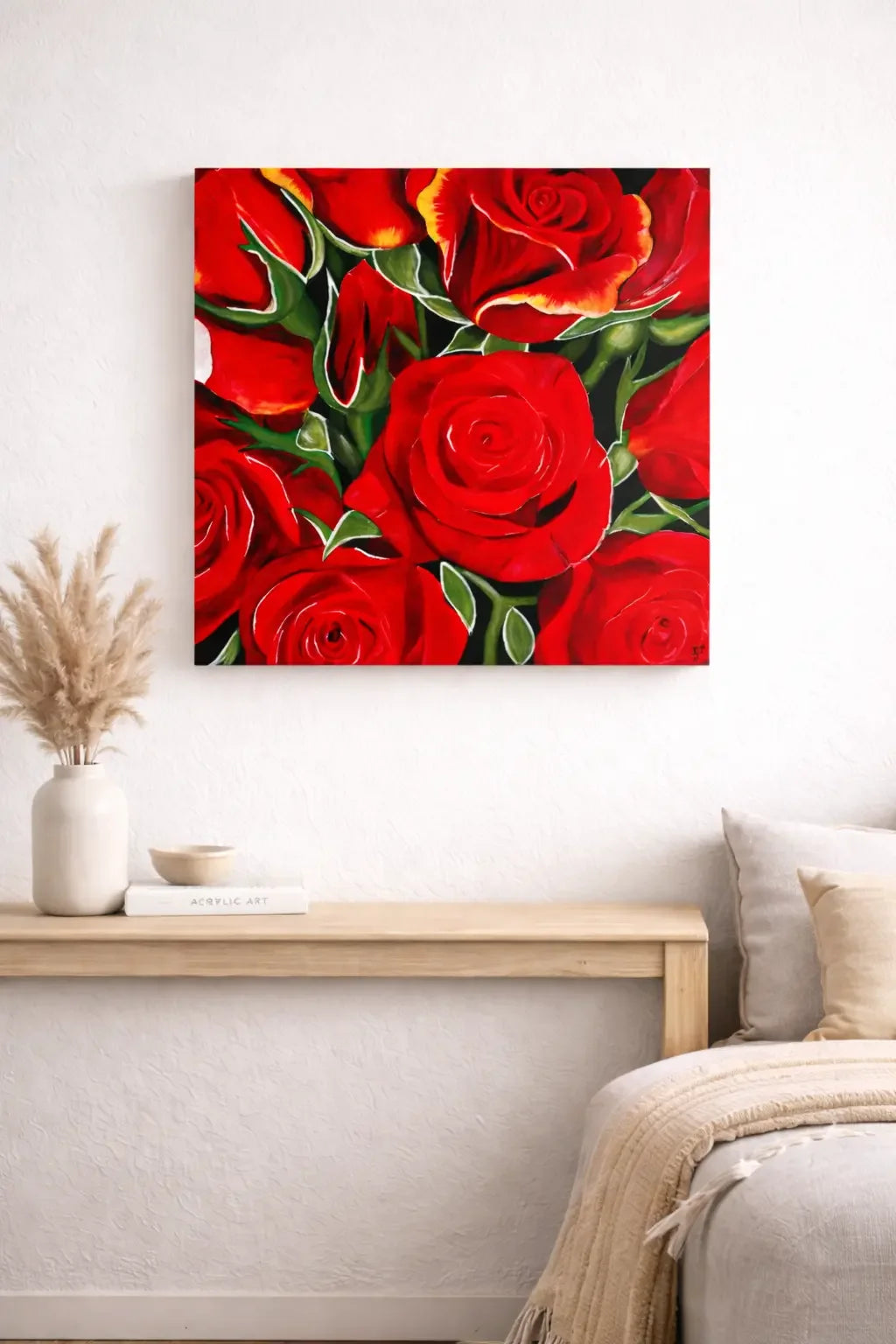 Mysilence art acrylic art piece featuring vibrant red roses on a white wall above a wooden console