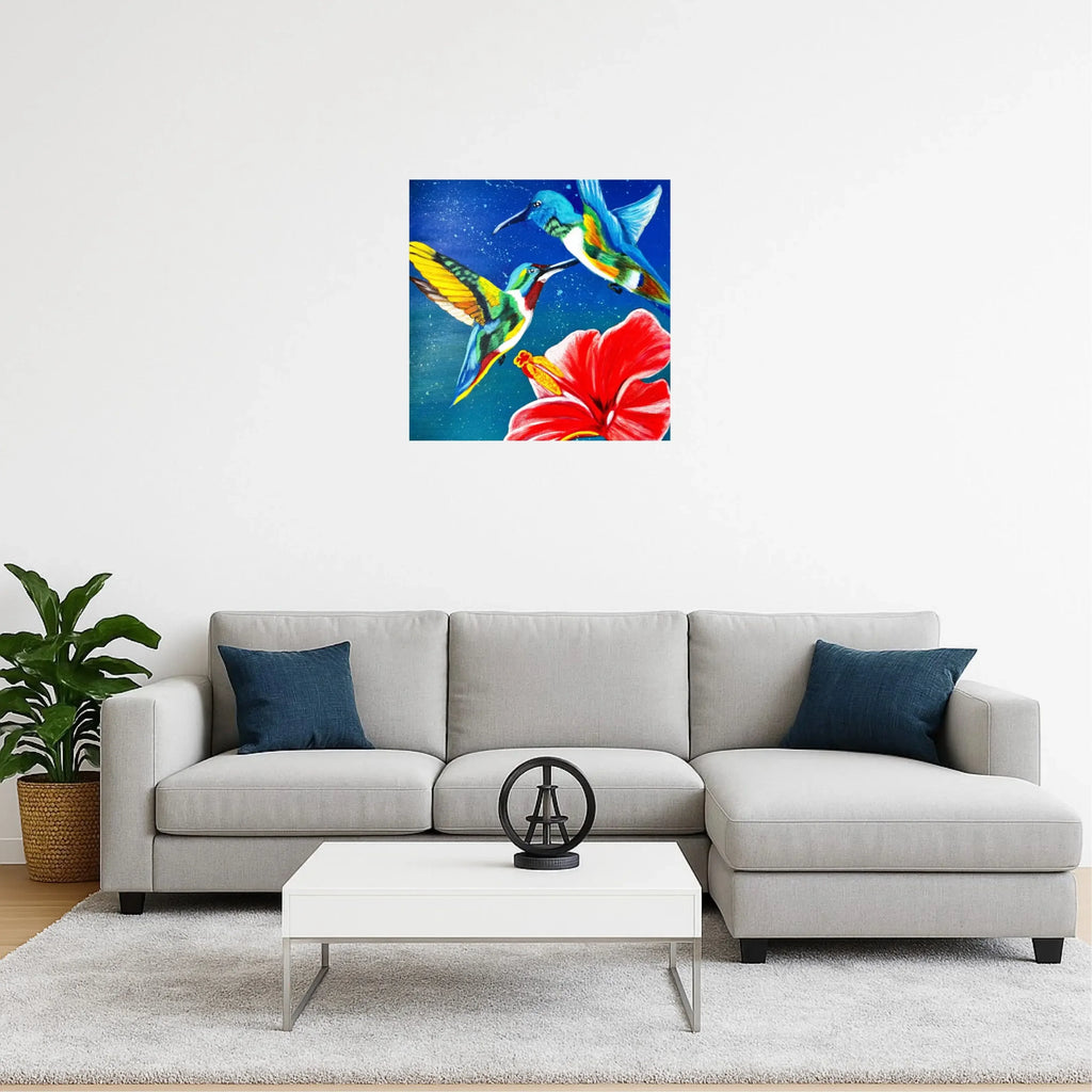 mysilence art acrylic art piece with colorful hummingbirds and red flower above modern grey sofa