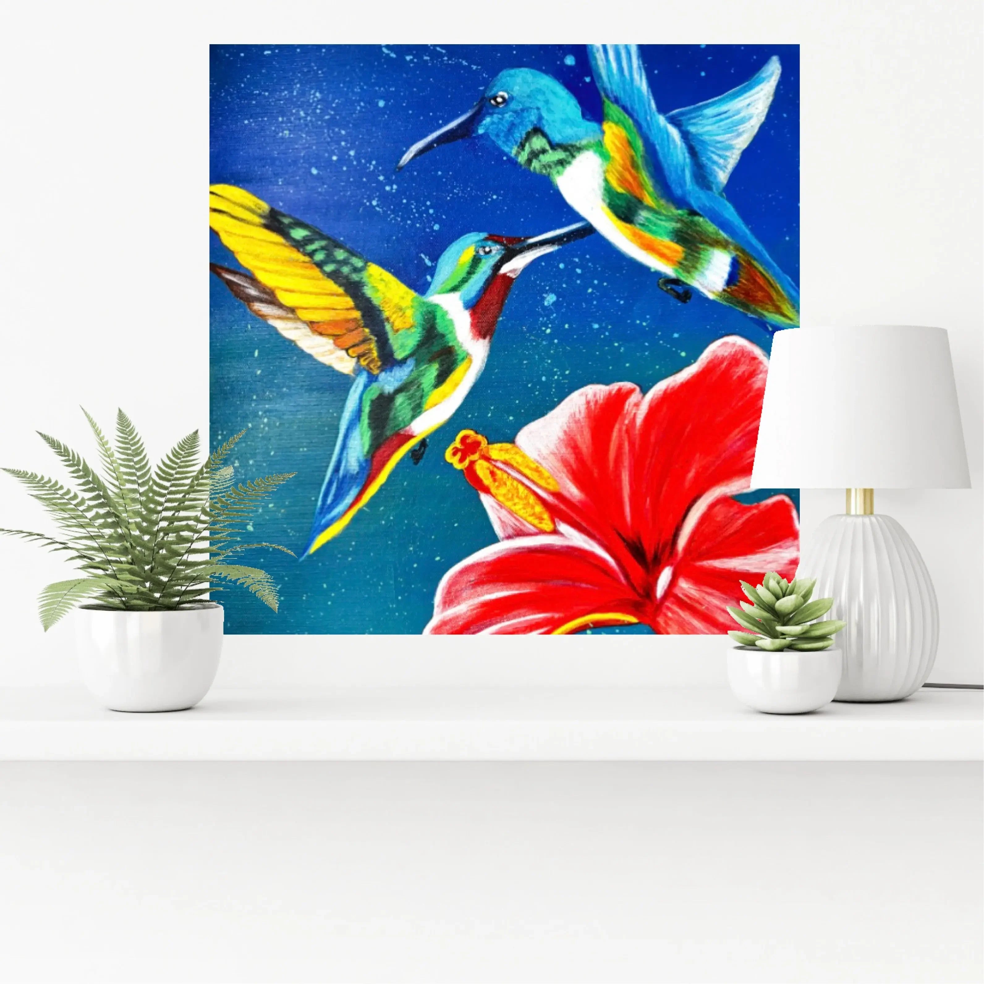 mysilence art acrylic art piece featuring two colorful hummingbirds and a red hibiscus flower