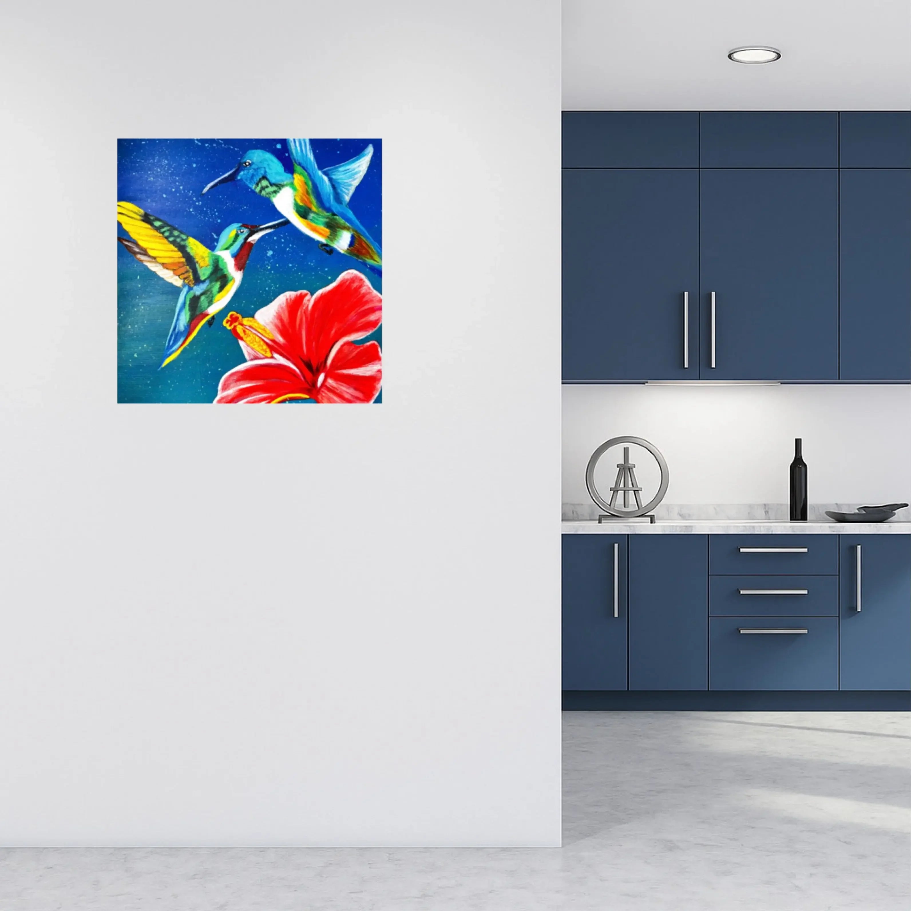 mysilence art acrylic art piece with colorful hummingbirds and hibiscus flower on white wall