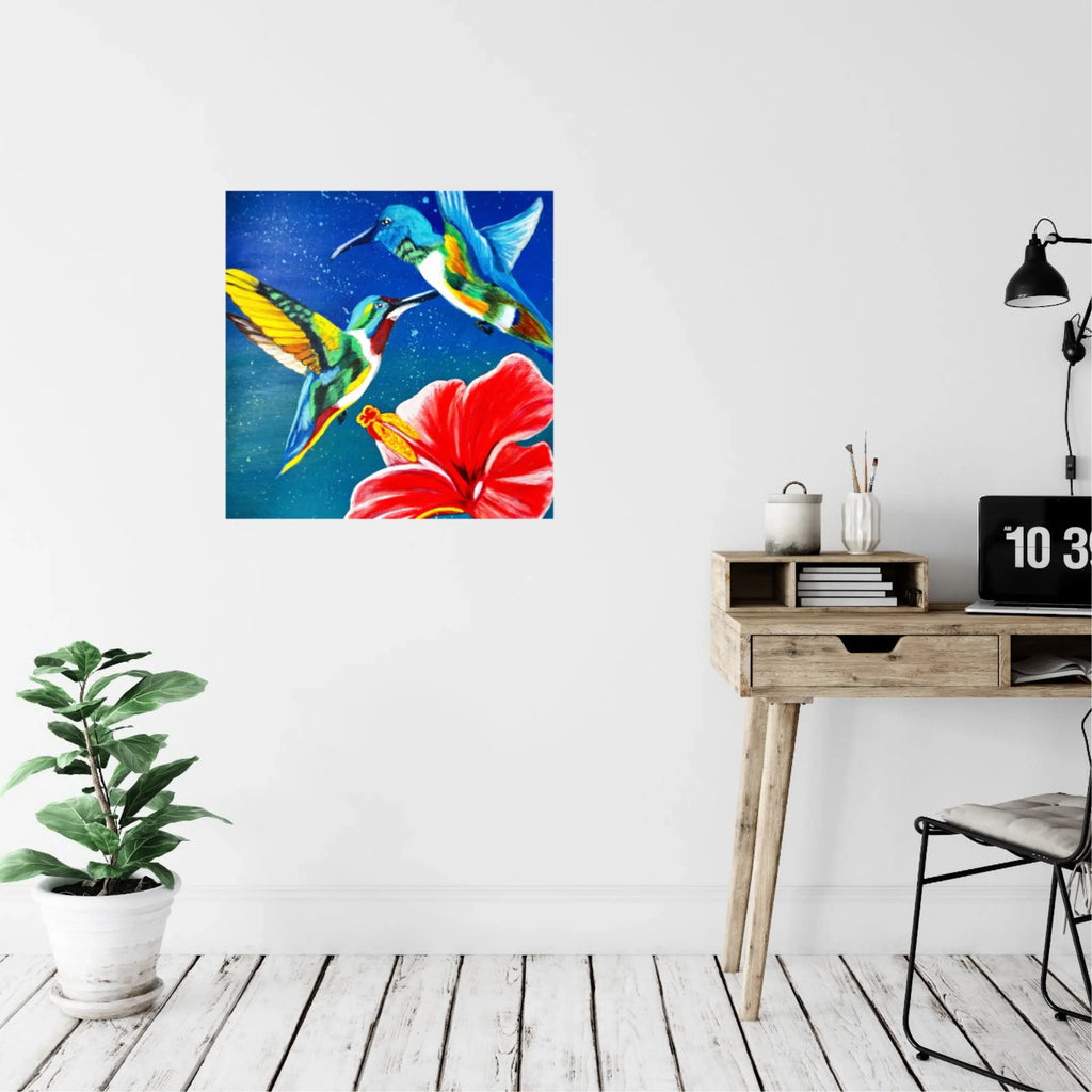mysilence art acrylic art piece with colorful hummingbirds and red flower on a wall in modern room