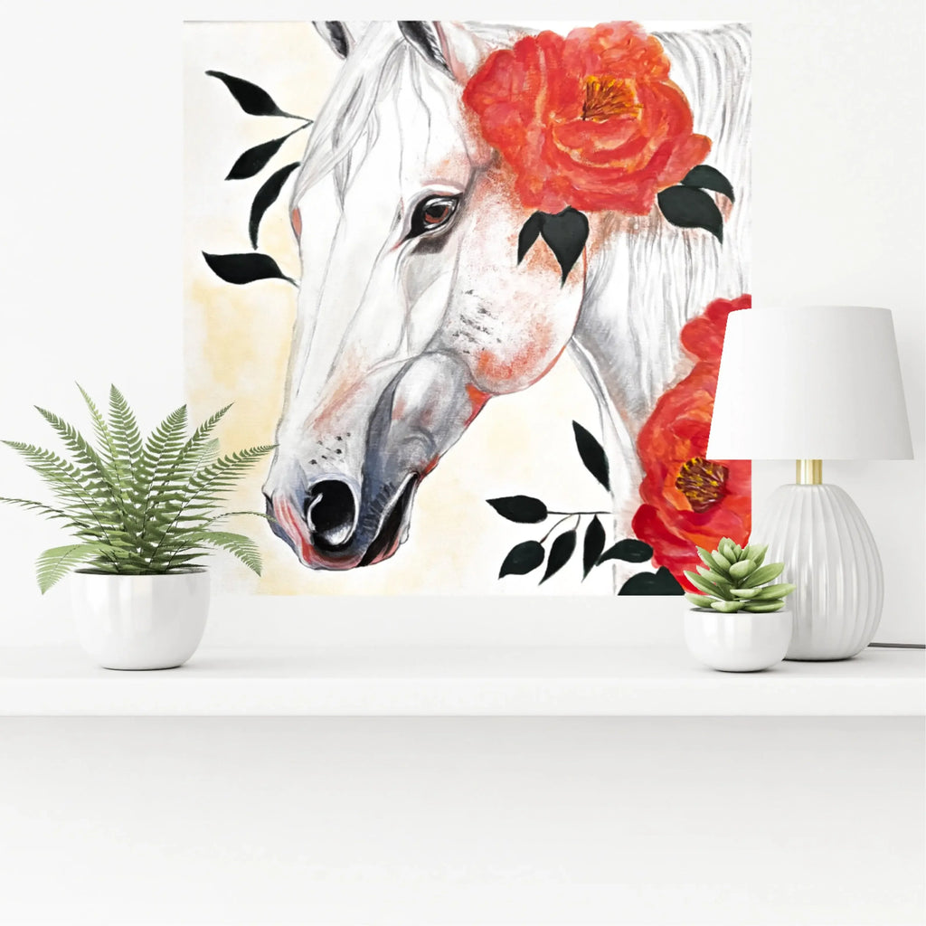 mysilence art acrylic art piece of white horse with red flowers on wall above modern decor