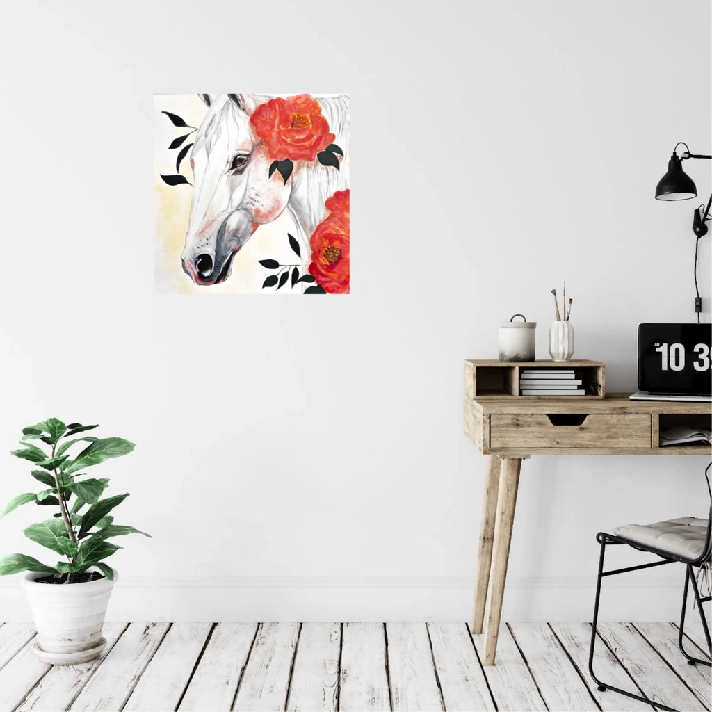 mysilence art acrylic art piece featuring white horse with red flowers on modern wall