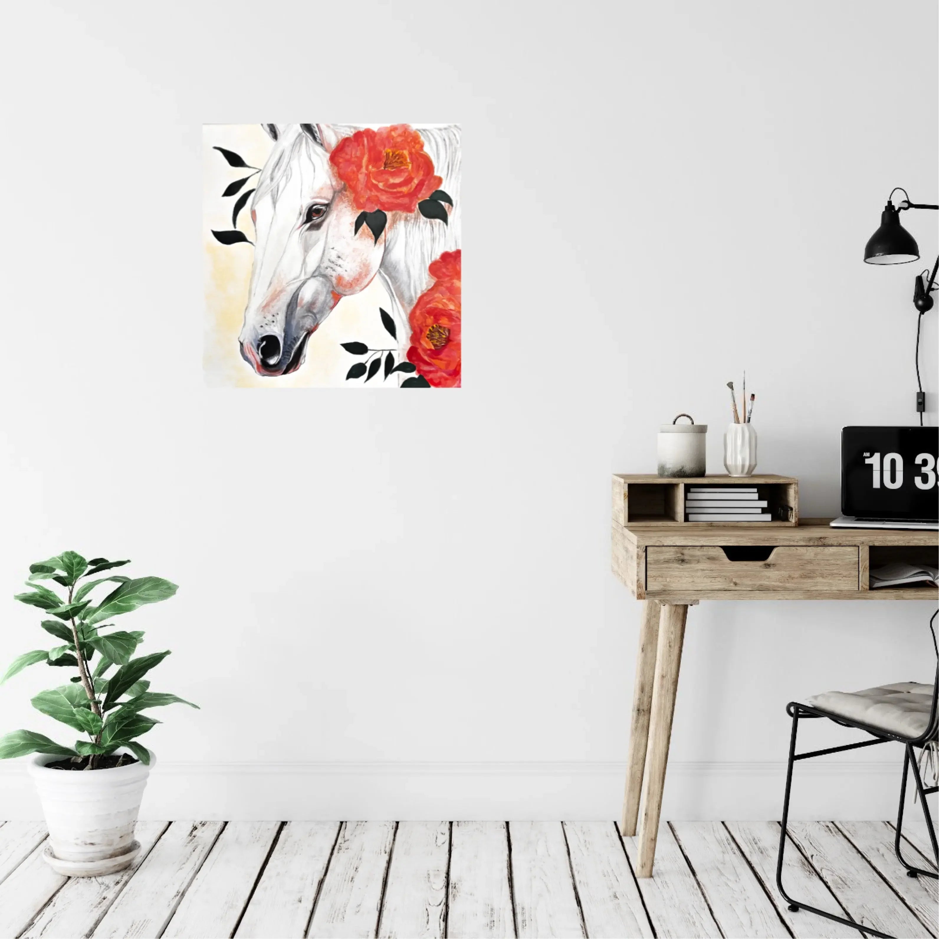 mysilence art acrylic art piece featuring white horse with red flowers on modern wall