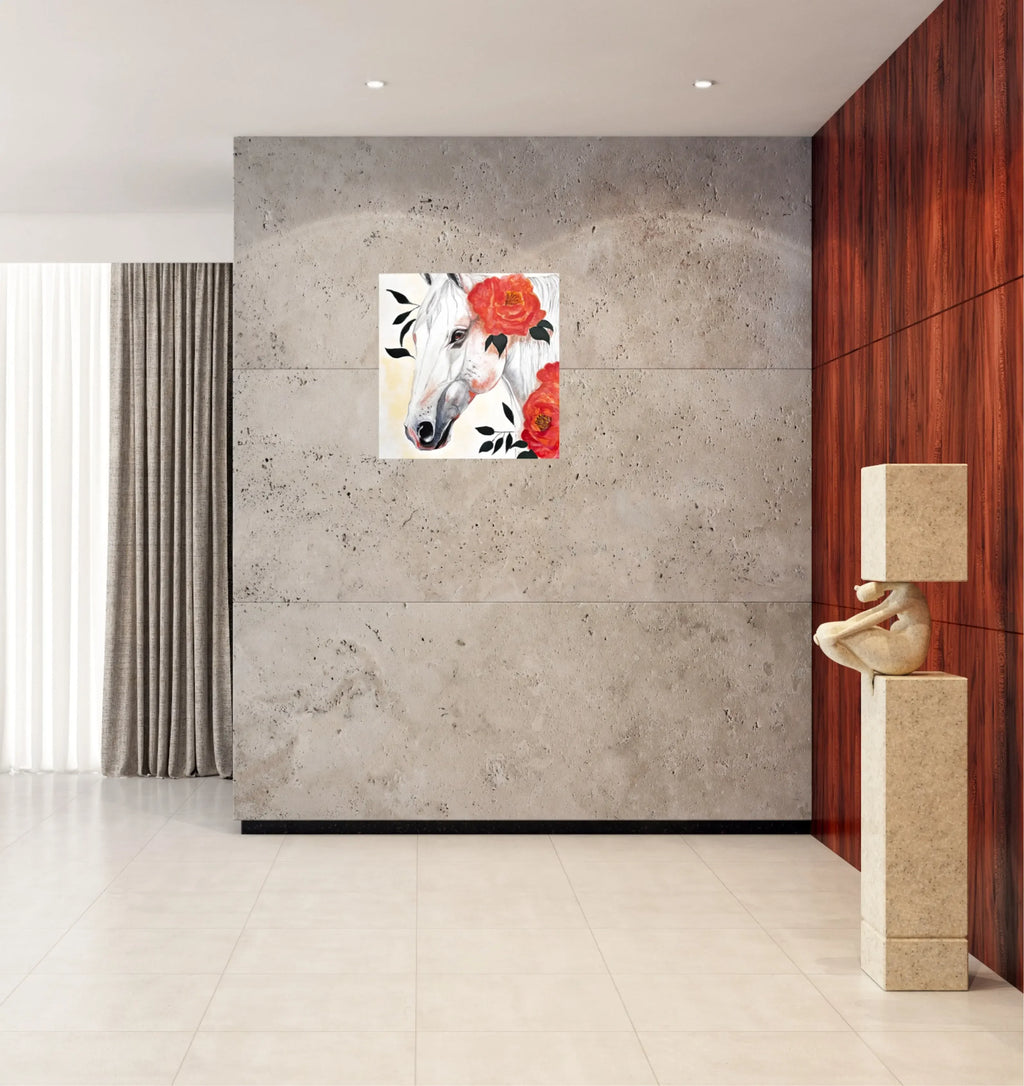 mysilence art acrylic art piece depicting a white horse with red roses in a modern interior