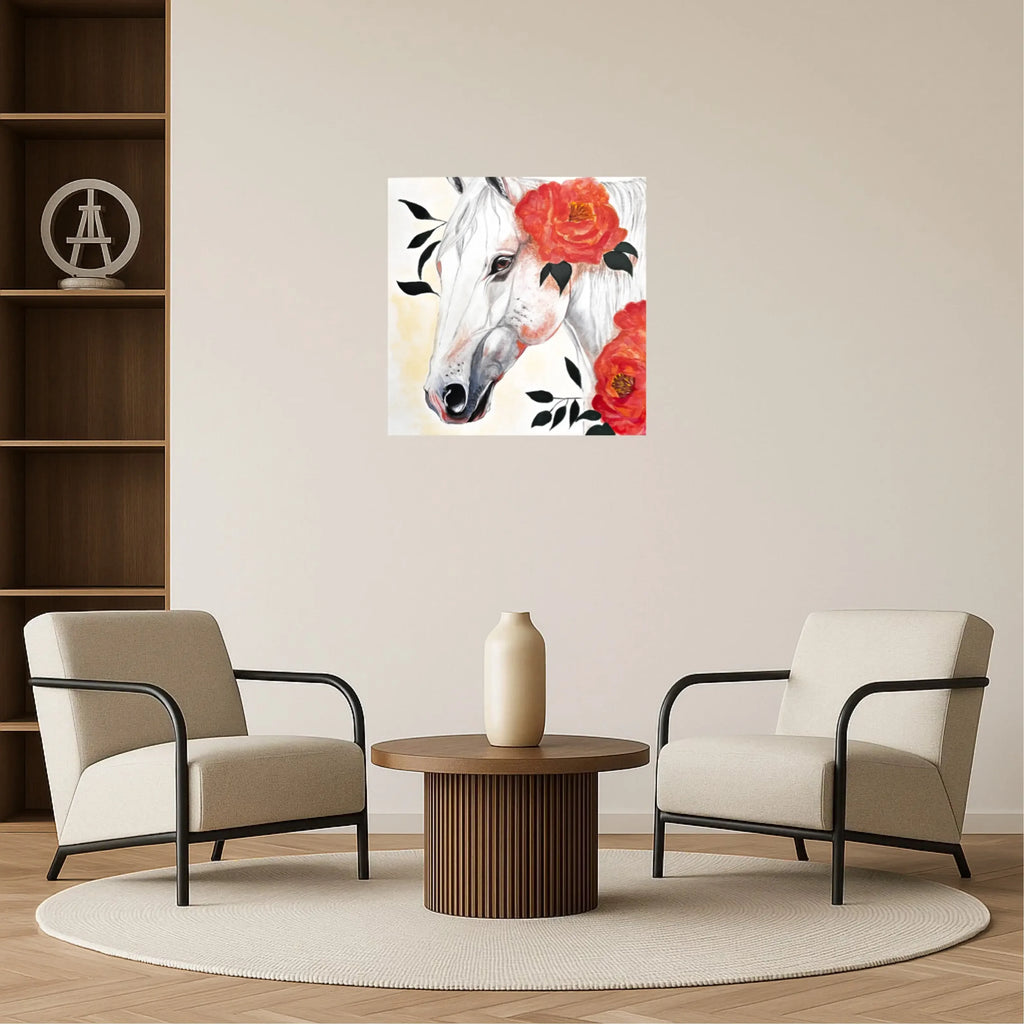 mysilence art acrylic art piece of a white horse with red flowers on a living room wall