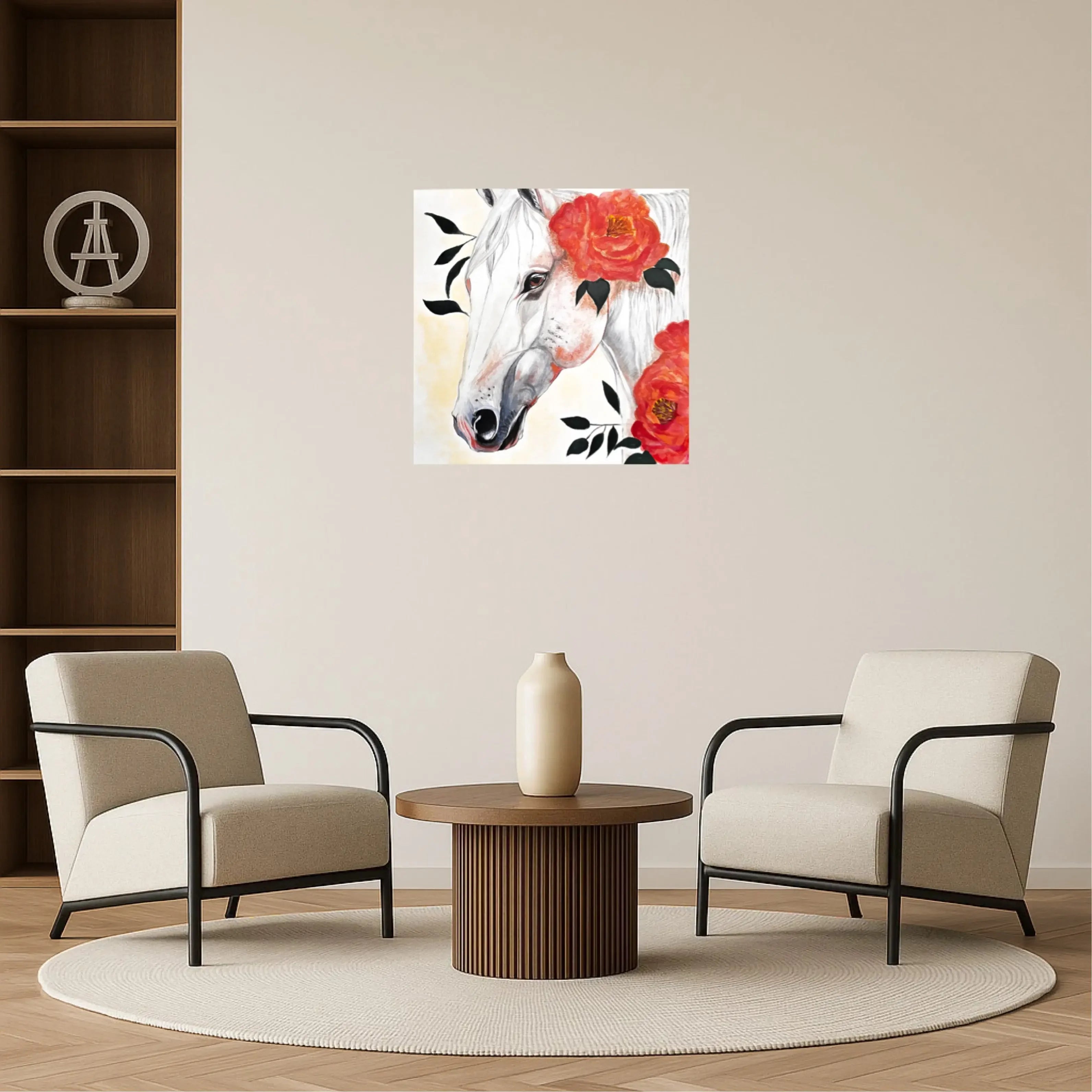 mysilence art acrylic art piece of a white horse with red flowers on a living room wall