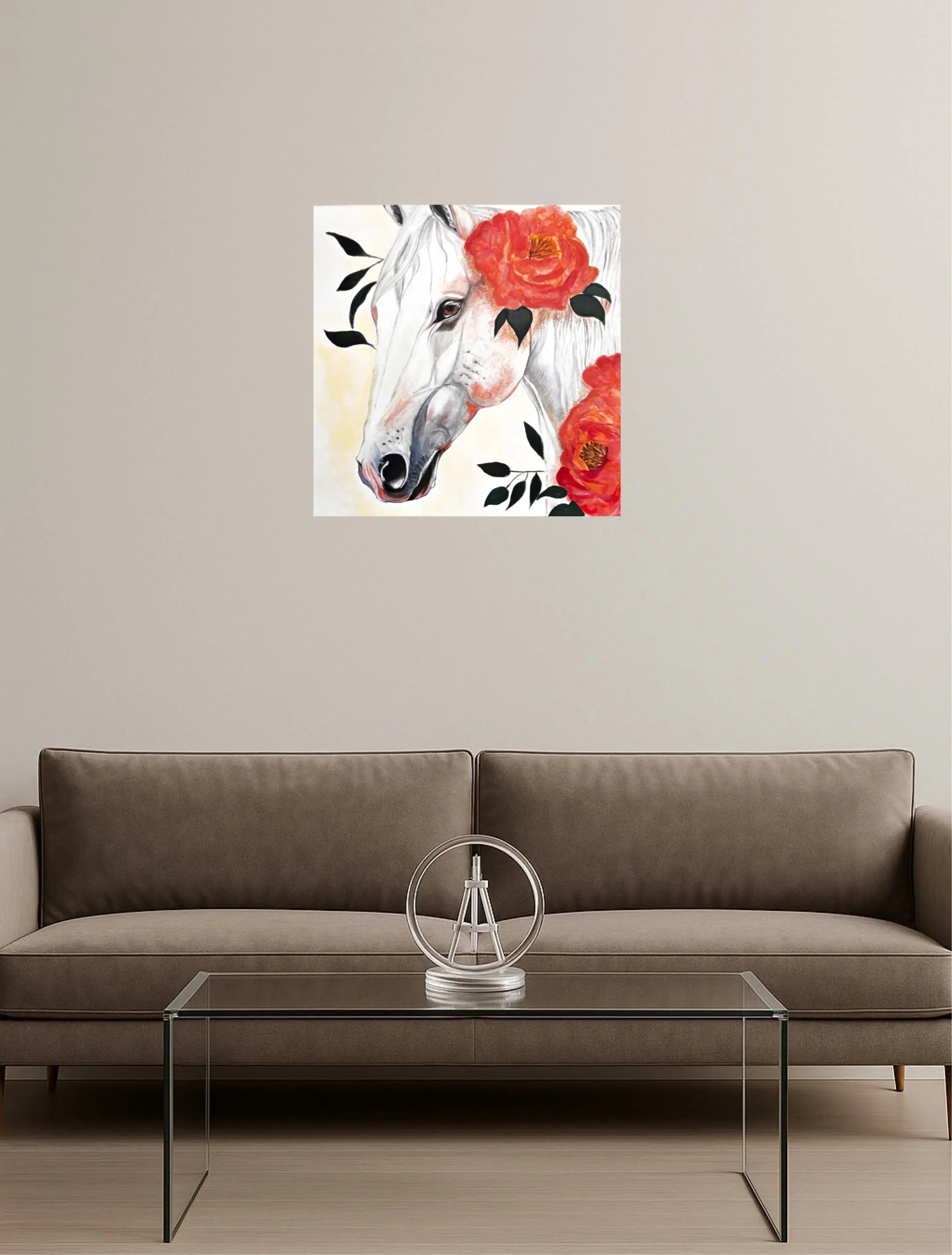 mysilence art acrylic art piece featuring a white horse with red flowers, displayed above a modern sofa