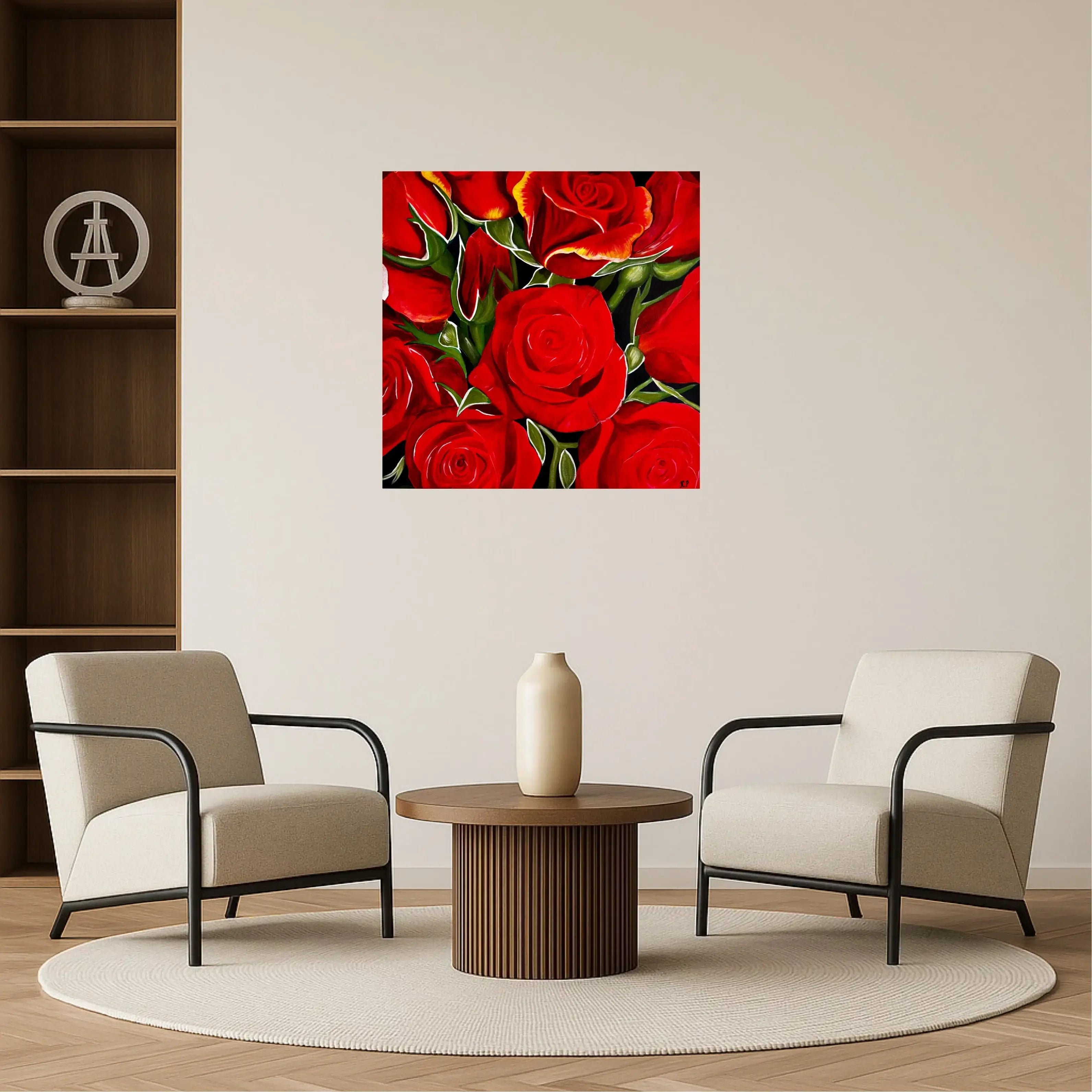 mysilence art acrylic art piece featuring vibrant red roses on a living room wall
