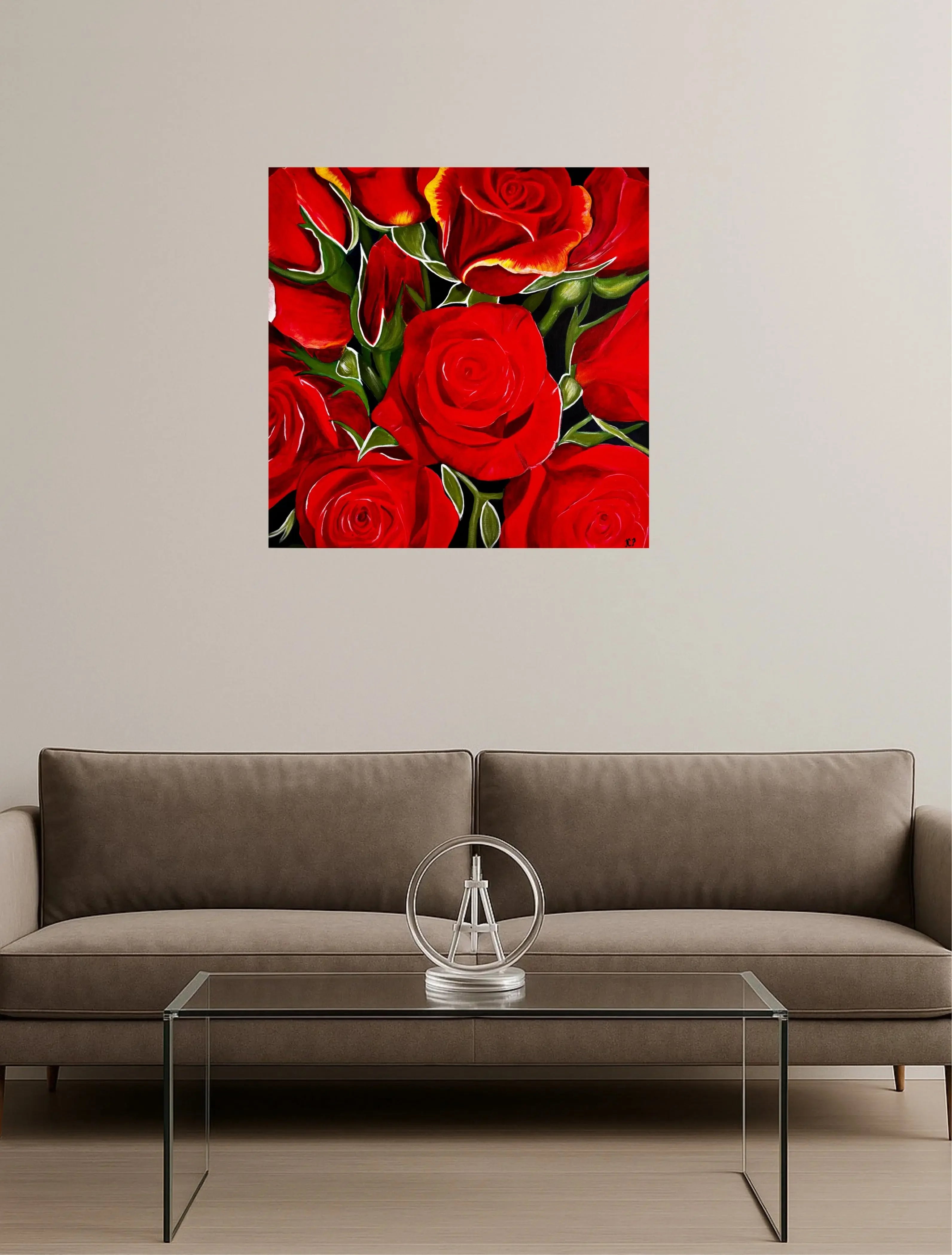 mysilence art acrylic art piece with vibrant red roses on a neutral wall above a sofa
