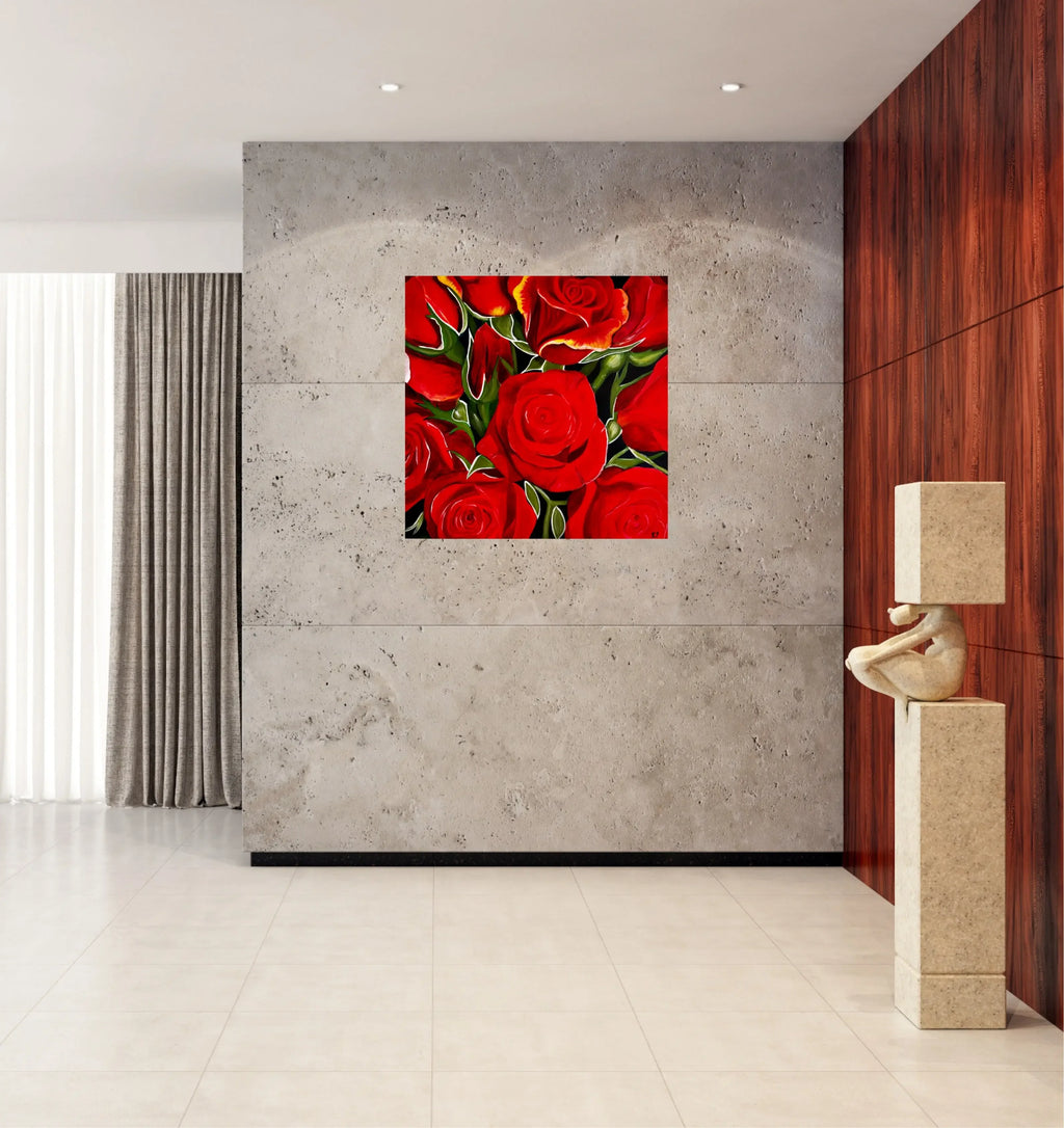 mysilence art acrylic art piece featuring vibrant red roses on modern wall