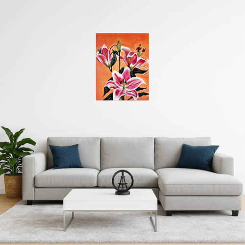 mysilence art acrylic art piece of pink lilies on orange background above modern gray sofa
