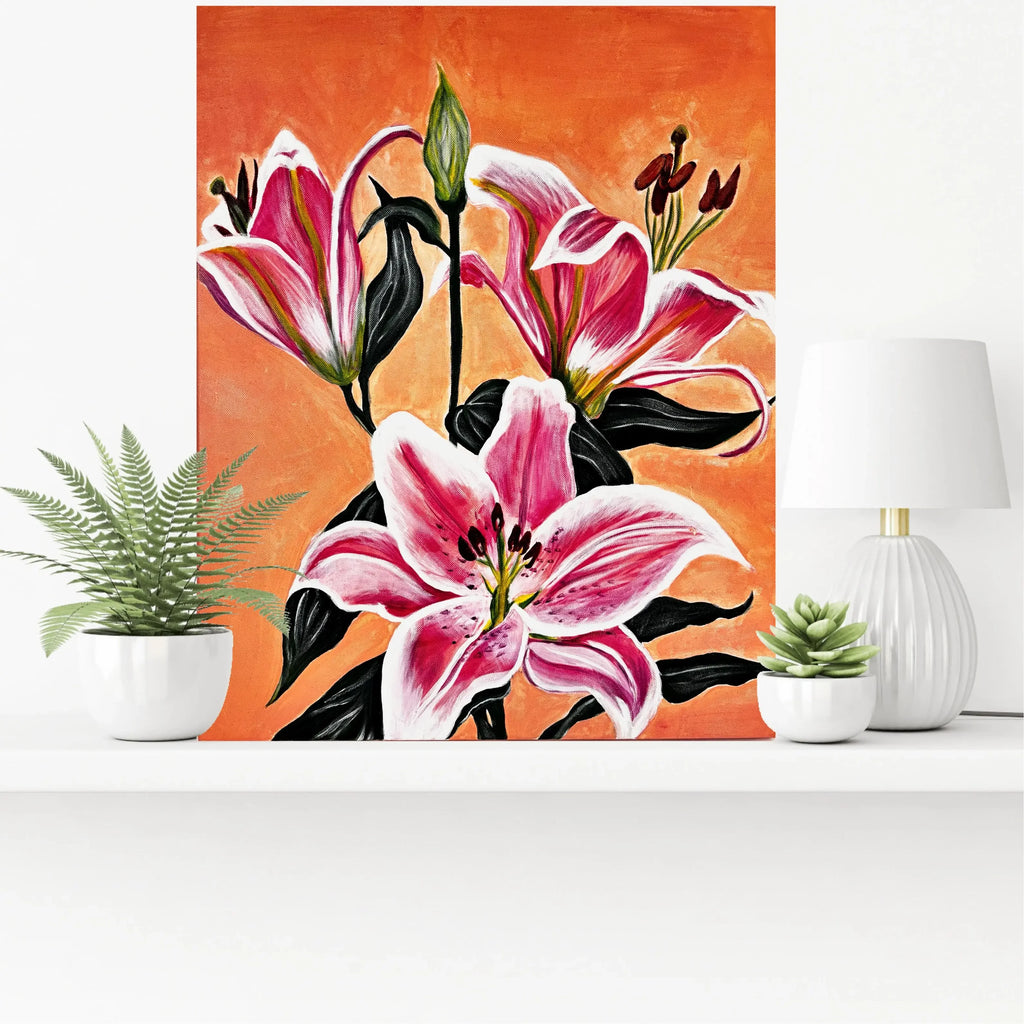 mysilence art acrylic art piece, pink lilies floral painting on orange background, modern decor