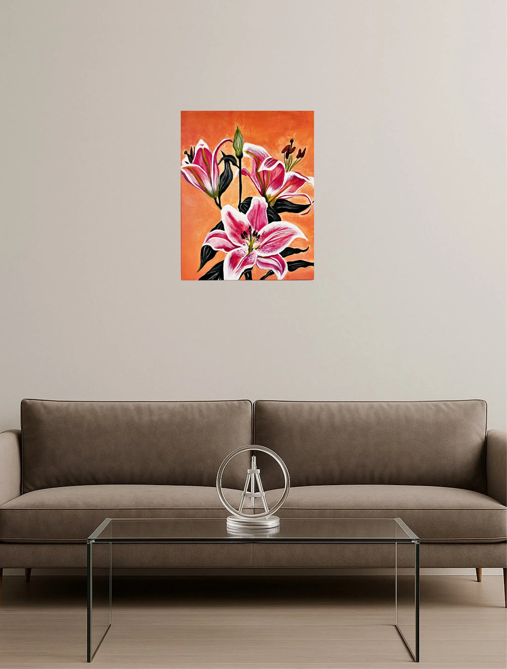 mysilence art acrylic art piece featuring vibrant pink lilies on orange background above a sofa