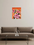mysilence art acrylic art piece featuring vibrant pink lilies on orange background above a sofa