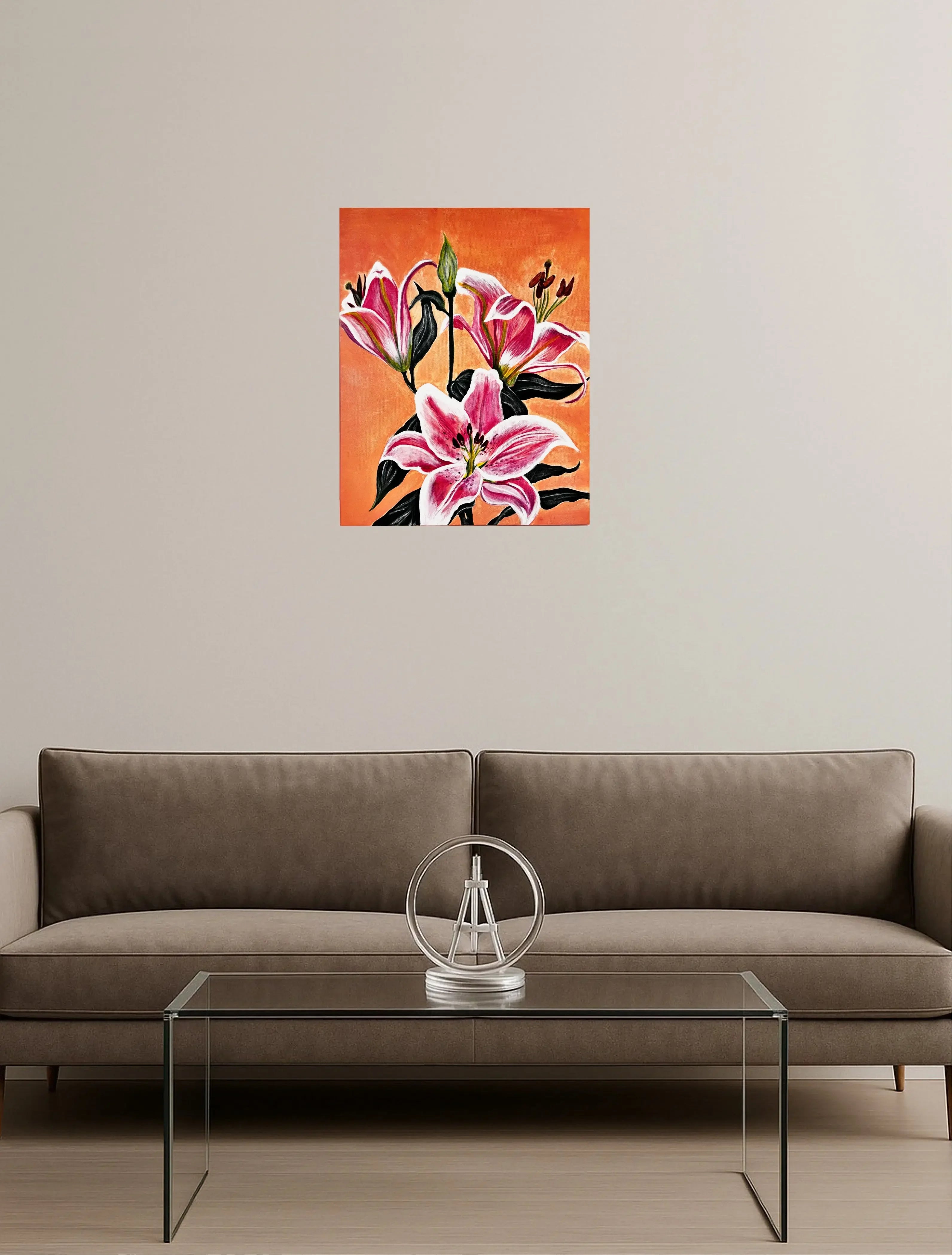 mysilence art acrylic art piece featuring vibrant pink lilies on orange background above a sofa