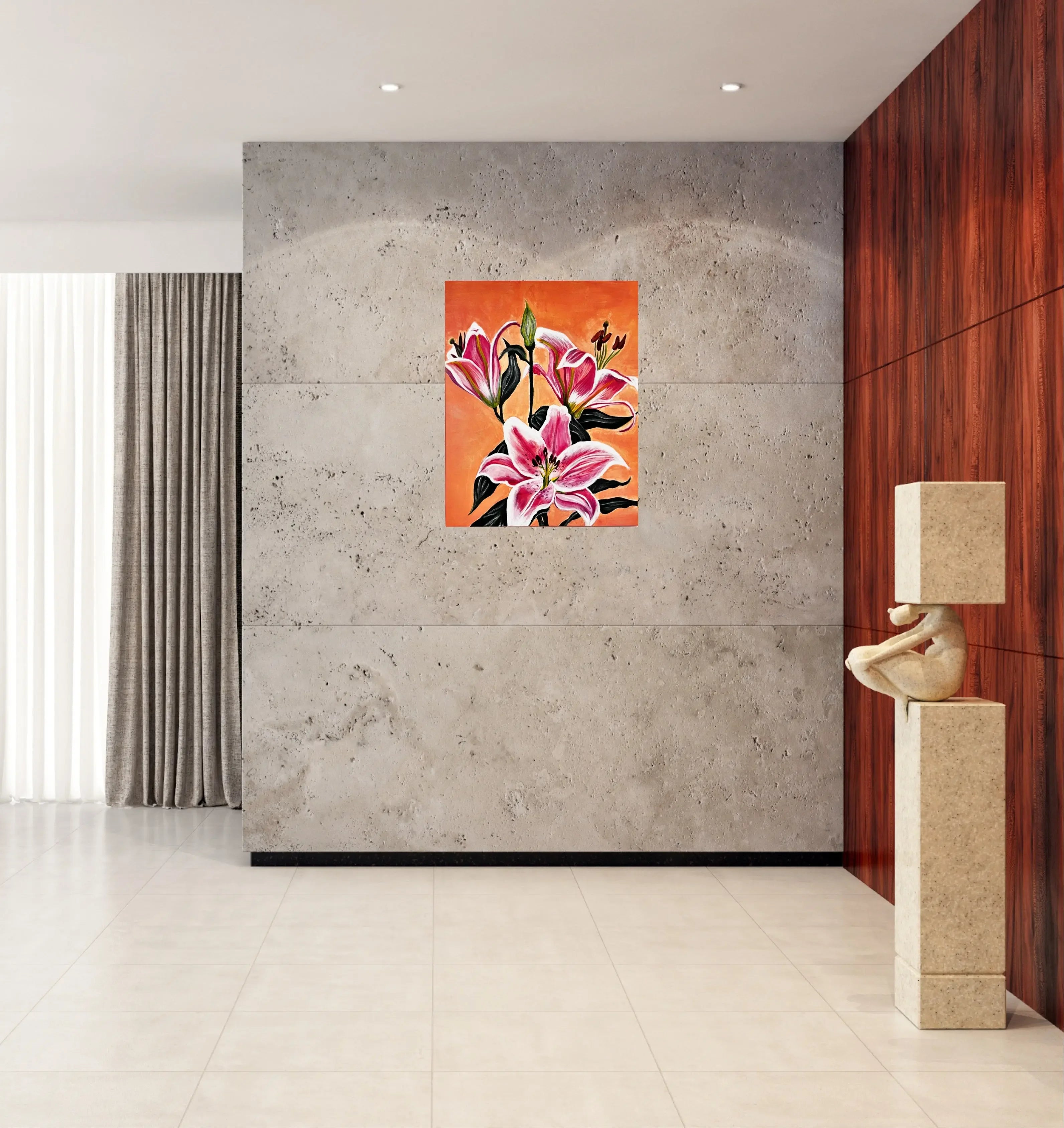 Modern interior with mysilence art acrylic art piece, vibrant pink lilies on orange background.