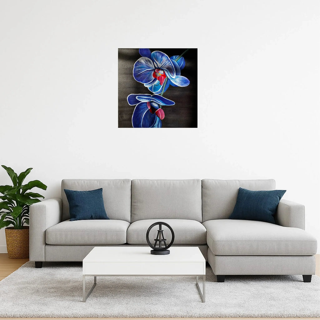 mysilence art acrylic art piece with blue orchid flowers on wall above modern gray sofa