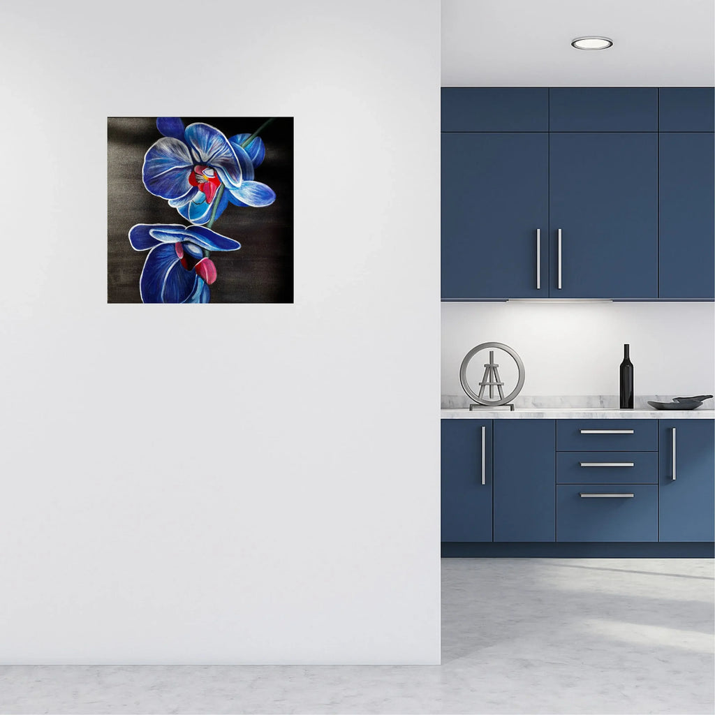 mysilence art acrylic art piece featuring blue and purple flowers on a wall in modern kitchen