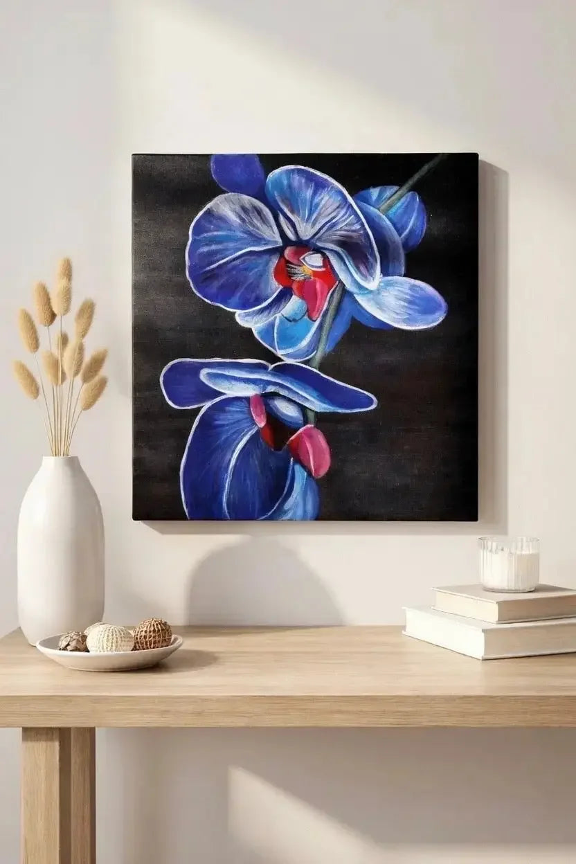 mysilence art acrylic art piece featuring blue orchid flowers on a black canvas, modern decor