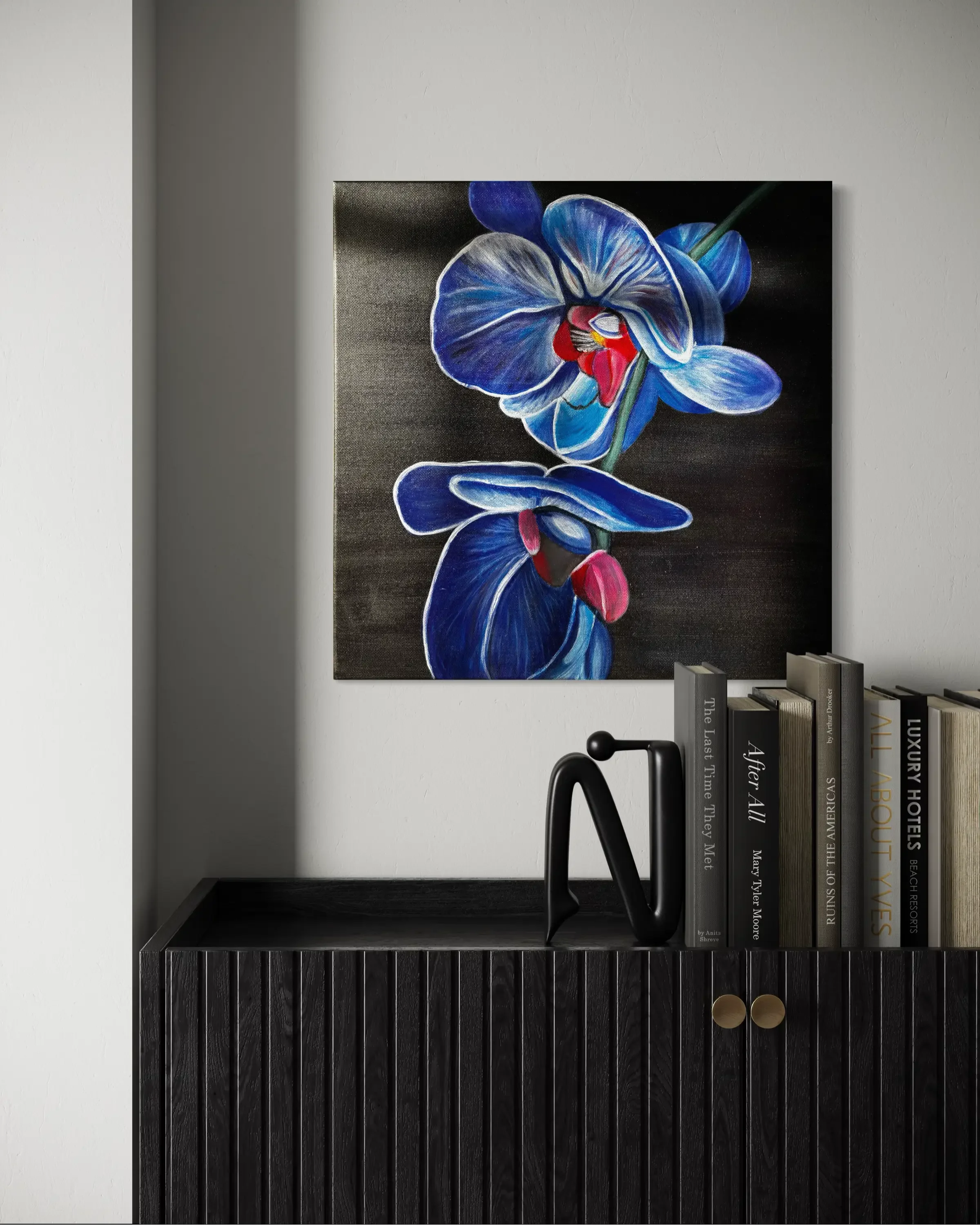 mysilence art acrylic art piece featuring vibrant blue orchid flowers on canvas, modern decor