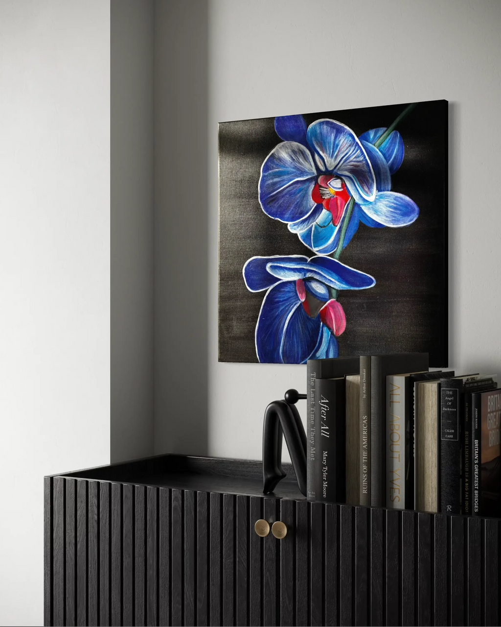 mysilence art acrylic art piece of blue orchids on a dark background, modern home decor